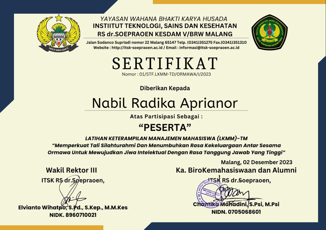 Sertifikat Latihan Keterampilan Manajemen Mahassiswa (LKMM)-TM