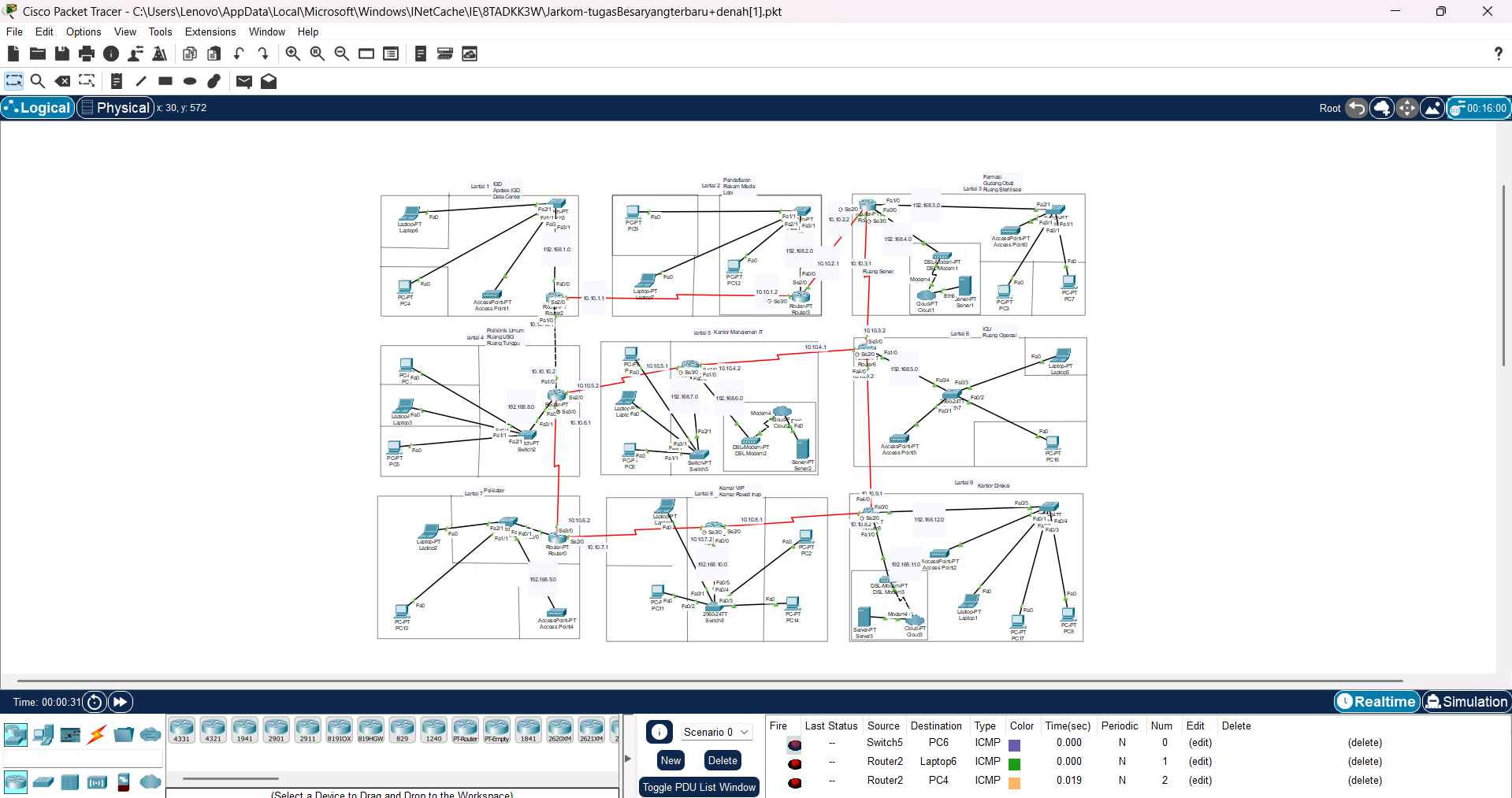 🩺 Desain Infrastruktur Jaringan Komputer Rumah Sakit 9 Lantai Berbasis VLAN dan ACL