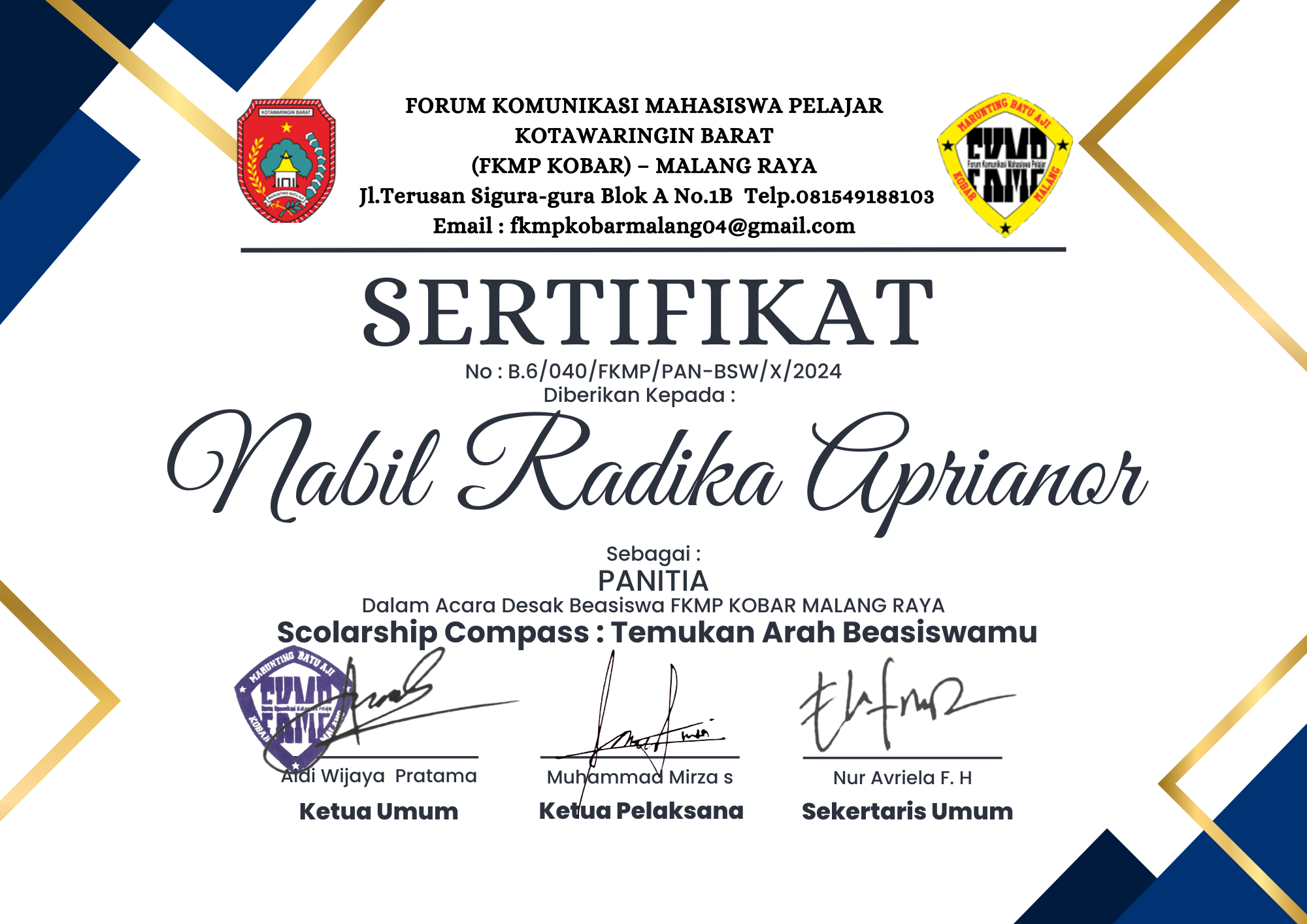 Sertifikat Desak Beasiswa FKMP KOBAR Malang Raya 2024