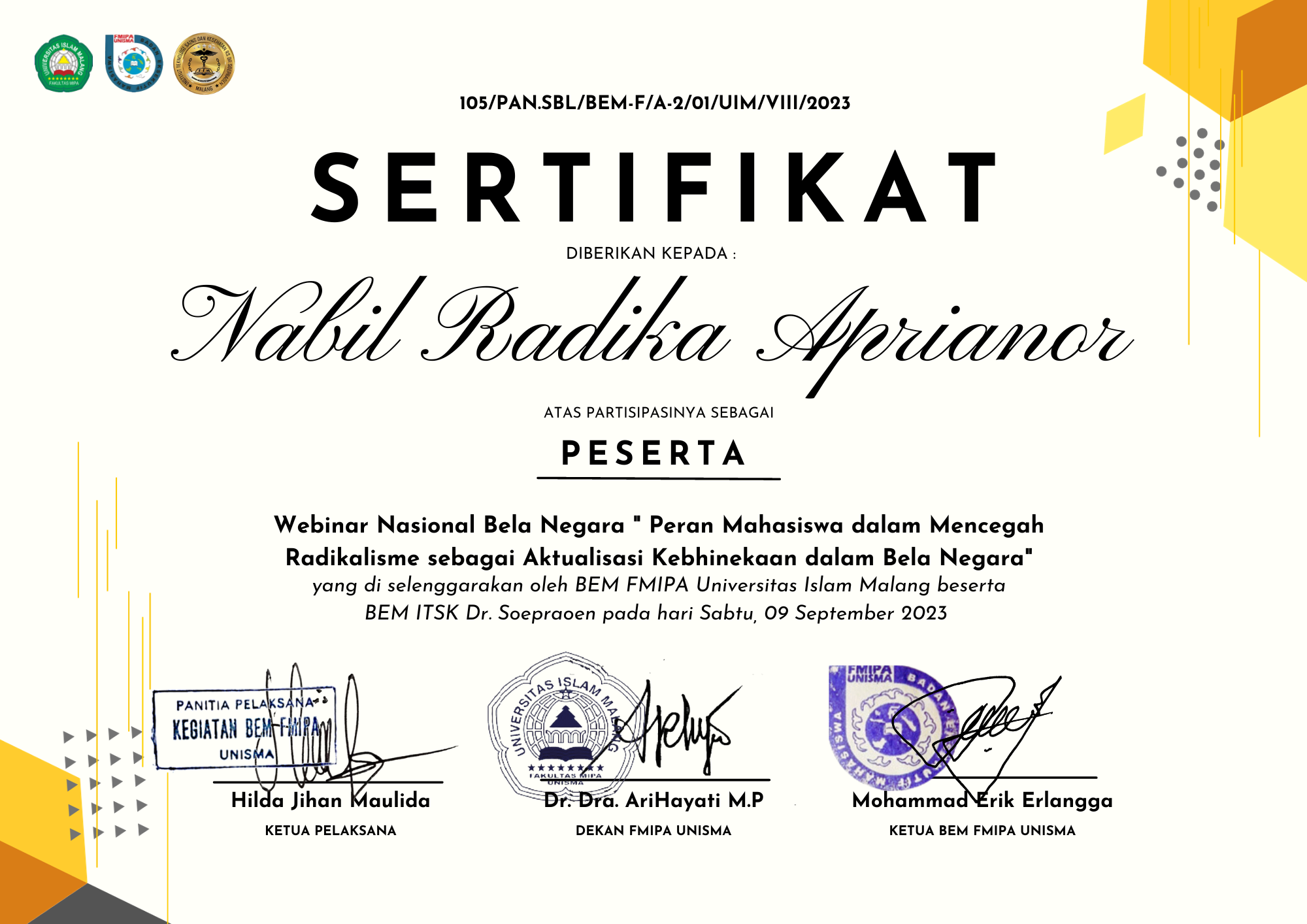 Sertifikat Webinar Nasional Bela Negara