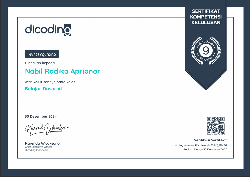 Sertifikat Dicoding Belajar AI